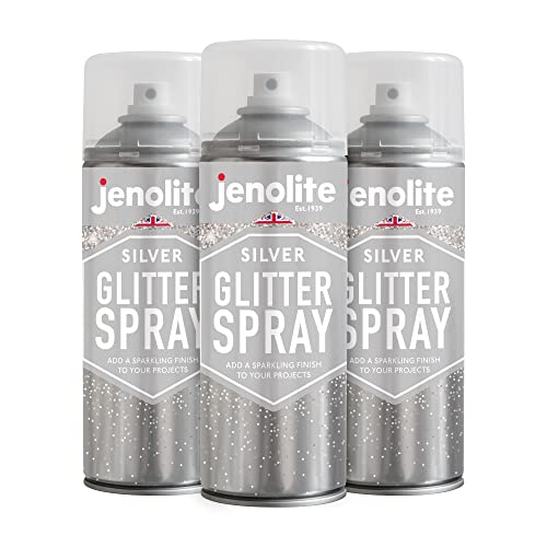 JENOLITE Pintura en aerosol con purpurina plateada en sellador transparente, 3 x 400 ml, laca transparente con brillo fino, multisuperficie, ideal para marcos de fotos, espejos, adornos y manualidades
