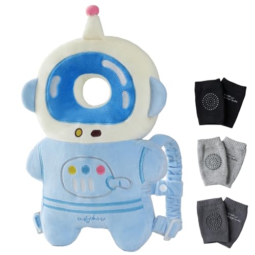 Image of Feidoog Baby Head Protection Backpack with 3 Baby Knee Pads - Soft & Lightweight Head Protection for Walking and Crawling,Blue White Astronauts
