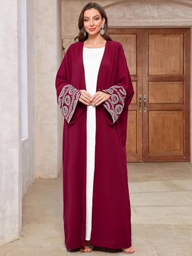 Image of Women's Ethnic Embroidery Muslim Abaya Open Kimono Cardigan Jalabiya