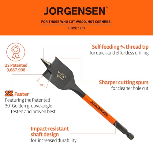 Image of Jorgensen 14-Piece Spade Drill Bit Set with Quick-Load Connector, High-Performance Carbon Steel Paddle Bits for Woodworking, Self-Feeding Threaded Tip, Assorted Bits 1 /4 inch to 1-1 /2 inch with Storage Pouch