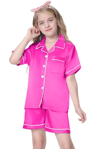 Image of Schbbbta Girls Womens Pajamas, Satin Silky Pjs Set Kids 2Pcs Button-Down Nightwear Sleepwear Gift for Mommy and me