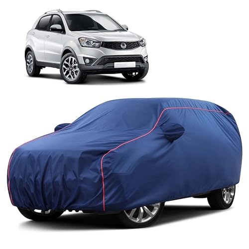 Image of Sulfar 100% Water Resistant Car Body Cover Compatible with Mirror for SsangYong Korando (Triple Stitched, Full Bottom Elastic, Blue Taffeta with Red Piping)