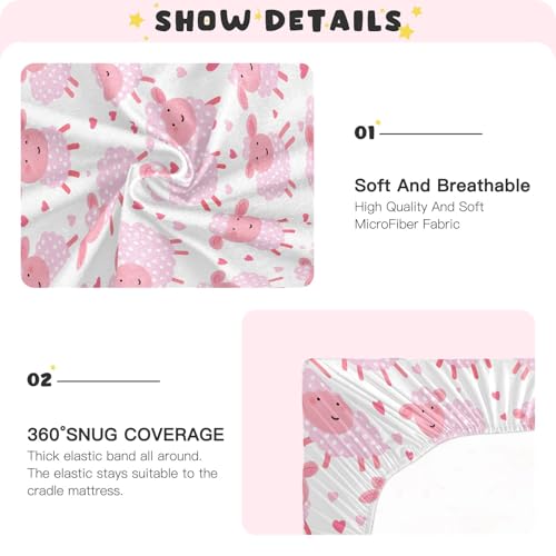 Image of Seamless Pattern of Cartoon Pink Sheep Crib Sheets Stretchy Portable Sheets for Baby Toddler Breathable Soft Crib Mattress Sheet for Girls Boys