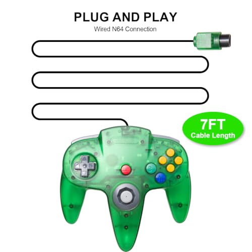 Image of KIWITATA 2 Pack Retro Wired N64 Remote Joystick Replacement Controller for Original N64 System Console Transparent Blue+Green