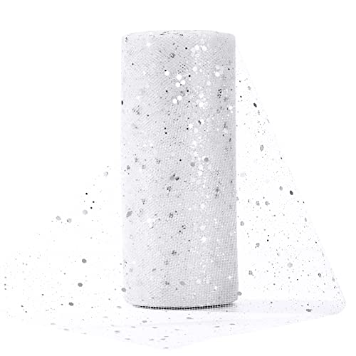 Rollos de Tul 15 cm x 25 Yardas Cinta Tela Tul con Lentejuelas Tela de Malla con Purpurina Carrete para Decoración Hogar Boda Novia Fiesta Manualidades DIY Envolver Regalos Tutú Falda Blanco