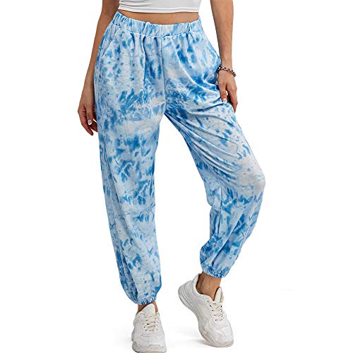 ZAFUL Women's Casual High Waisted Tie Dye Drawstring Pocket Contrast Jogger Sweatpants(B-Blue, S)
