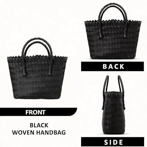 Bolso tote de paja, bolso grande para la playa, bolso tipo cesta bohemio cuadrado con asas de bambú (negro) miniatura 7