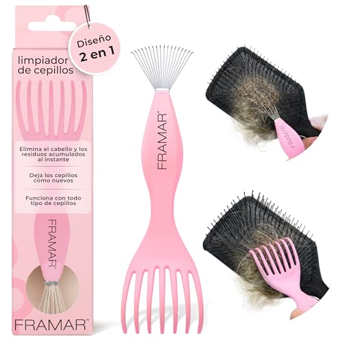 FRAMAR Rastrillo para Cepillo de Pelo - Limpia Cepillos Pelo, Limpiador Cepillo Pelo, Cepillo Limpia Pelos, para Todos Los Cepillos para el Cabello, Elimina el Vello y la Acumulación - Rosa