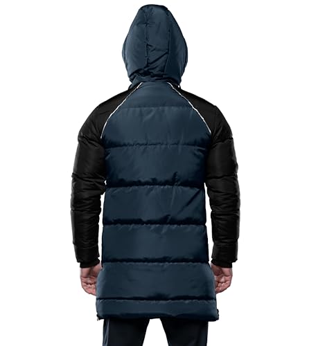 Image of URBAN BUCK Mens Puffer Jacket with Hood Midweight Lonnie Blue Long Parka Winter Recycled Down Men Ski Coat (M)
