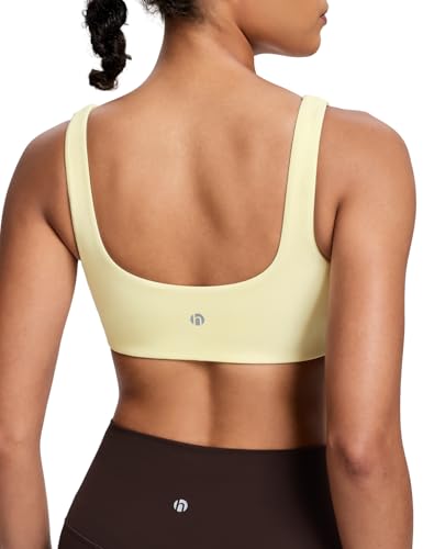 HeyNuts Womens U Back Sports Bra Scoop Neck Low Impact Wirefree Workout Athletic Basic Gym Yoga Tops Padded with Built in Bras Butter Cream S