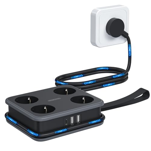 Steckdosenleiste mit USB C NTONPOWER Mehrfachsteckdose 4 Fach Steckdosenleiste USB mit 1,6 Meter Verteilersteckdose Mehrfachsteckdose Wandmontage, Schwarz