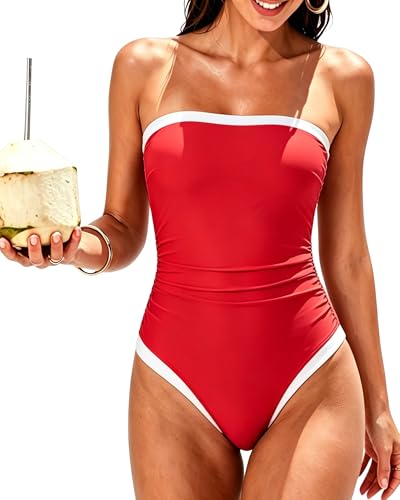 SUUKSESS Women Sexy One Piece Tummy Control Swimsuit Strapless Bandeau Slimming Halter Swimwear 2025 Colorblock Backless Bathing Suit (Red Medium)