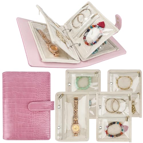 LingLingo Travel Jewelry Organizer Case Small Jewelry Bags Jewelry Storage Book Ring Binder with Clear Zipper Velvet Pouch for Women Traveling Earrings Rings Necklace Bracelet (Pink)