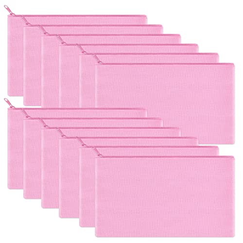 Image of 12 Pieces Cotton Canvas Makeup Bag, Multipurpose Cosmetic Bag with Zipper Travel Toiletry Pouch, Blank DIY Craft Bag (Pink, S)