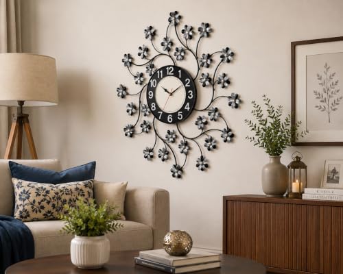 Image of CHRONIKLE Beautiful Diamond Series Analog Floral Design Round Metal Crystal Wall Clock for Living Room Home Decorations Office Gifts (Size: 57 x 5 x 57 CM | Color: Black | Weight: 1030 Gram)