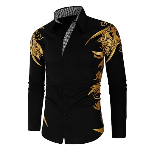 DGHM-JLMY Men's Totem Gold Printed Long Sleeve Shirt Hipster Slim Fit Button Up Party Dress Shirts Gold Shiny Stylish Shirt