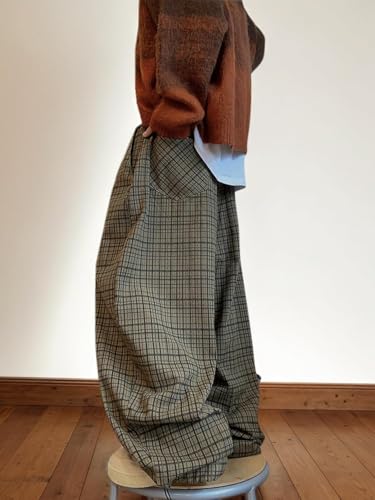 CUTEGAL Gingham Plaid Pants for Men Hip Hop Wide Leg Baggy Trousers with Drawstring Elastic Waist Pockets Streetwear4