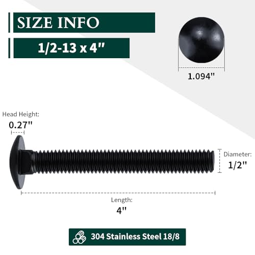 Image of 1 /2-13 x 4 Black Steel Carriage Bolts, 304 Stainless Steel 18-8, Round Domed Head Square Neck Carriage Bolts Screws, Coarse Thread UNC, 4 PCS