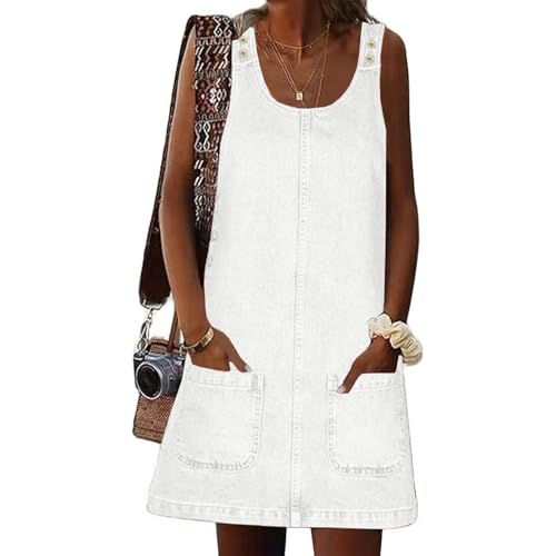 Image of Xaspee Denim Overall Dress for Women Casual Mini Sleeveless Jean Vintage Jumper Skirt Dress with Pockets