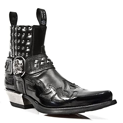 New Rock 7950-S9 Mens Black Ankle Boots Western Goth Strap Skull Stud Metal2