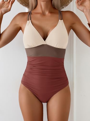 Image of Aidonger Women's One Piece Color Block Swimsuit Tummy Control Slimming Bathing Suit V Neck Cutout High Waisted Swimwear