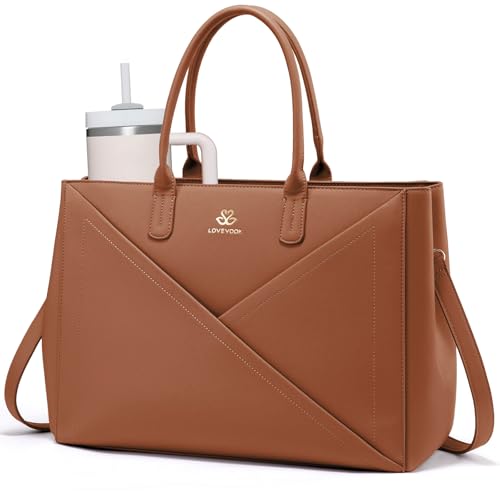 Image of LOVEVOOK Laptop Work Tote Bag for Women with Large Cup Holder, 16 Inch | Computer Bags Business Office Briefcase Handbag, Teacher Tote Bag, Double Laptop Protection, PU Leather, Large Capacity
