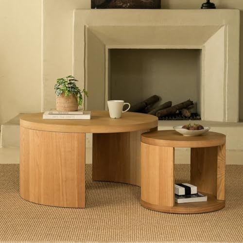 Round Nesting Coffee Table Set of 2, 31.5″ Large and 18″ Small Low Tables, Modern Wood Grain Tables for Living Room, Brown