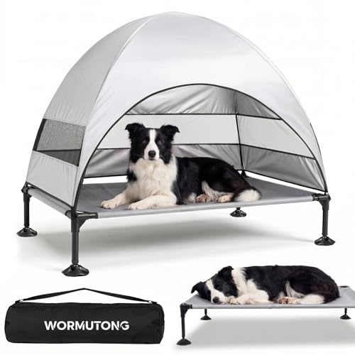 Elevated Outdoor Dog Bed with Canopy, Raised Dog Cot with Stable Adjustable Feet, Dog Camping Bed with Larger Shade, Lifted Dog Tent Bed with Canopy for Outside by Wormutong - Used condition - US$24.09