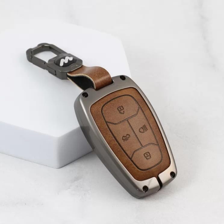 Image of Metal Keycover for Punch, Harrier, Altroz, Nexon, New Safari, Bolt, Tiago, Tigor - 4 Button Smart Key (Metal Leather)