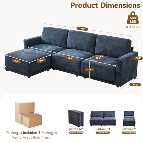Image of 110.6 inch L Shaped Sectional Sofa, Modular Cloud Deep Seat Couch with Movable Ottoman, Oversized Thicked 4-Seats Sofas for Living Room, Chenille Blue