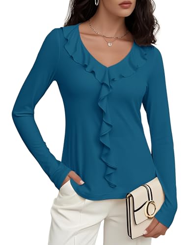 Women's Long Sleeve Shirts Dressy Casual V Neck Ruffle Knit Tunic Tops 2025 Fall Trendy Work Blouse