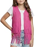 Spring&Gege Mädchen Weste mit Fransen Faux Wildleder Fransen Jacke Hippie Ärmellose Cowgirl Western Mantel(Fuchsia, 11-12Jahre)