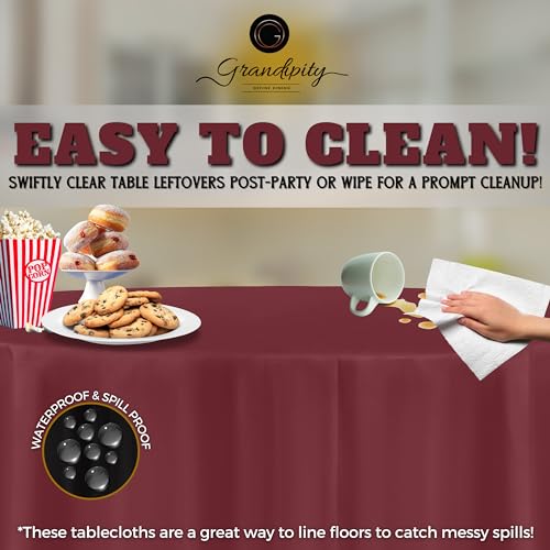 Image of Grandipity Plastic Table Cloth Disposable 12 Pack 84 inch Round Burgundy | Plastic table covers, durable disposable tablecloths, fade and tear-resistent table cover for party, event