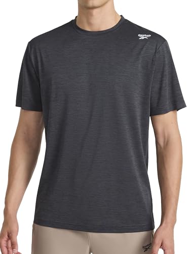 Image of Reebok Men’s Sprint Short Sleeve T-Shirt, Standard Fit, Lightweight Stretch Waffle-Knit Fabric, Black Heather, Medium