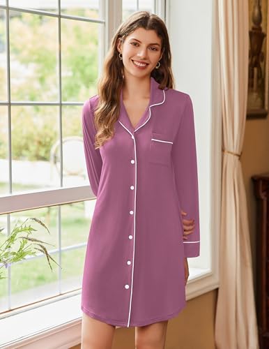 Ekouaer Nightgowns for Women Long Sleeve Nightshirt Button Down Sleepshirt Nightdress Boyfriend Sleepwear S-XXXL2