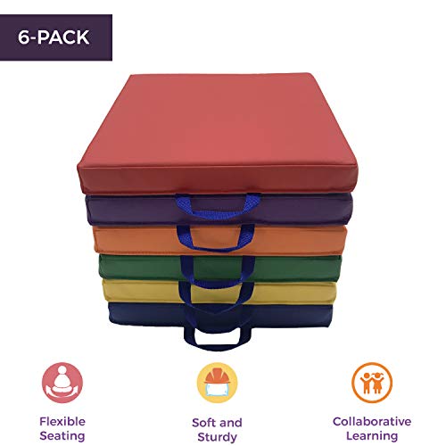 Image of Factory Direct Partners SoftScape 15 inch Square Classroom Floor Cushions with Handles; Flexible Seating for Daycare, Preschool, Playroom; 2 inch Thick Deluxe Foam (6-Piece) - Assorted, 12228-AS