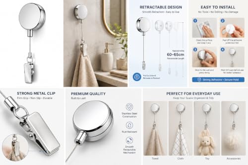 Image of Stainless Steel Retractable Towel Holder Clip with Self Adhesive Wall Mount - Punch Free Dish Cloth Hanger with 60 cm Pull Cord for Kitchen Bathroom Hand Towels, Rags & Cleaning Cloths