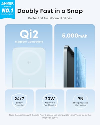 Image of Anker Nano MagSafe Portable Charger, Ultra-Slim 5,000mAh Magnetic Wireless Power Bank, Qi2-Certified 15W Max, Compact for Travel, Ergonomic Design, for iPhone 17 /16 Series, and More