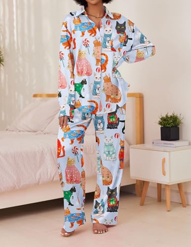Ekouaer Womens Satin Silky Pajama Set 2 Piece Print PJs Soft Loungewear Button Down Sleepwear with Elastic Waist Long Pants