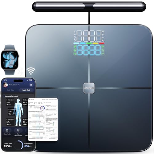 Amzmerit Smart Scale for Body Weight, 8-Electrode Larger Platform Digital Scale for Weight Fat BMI 50 Body Composition Measurement, Bluetooth & Wi-Fi Digital Bathroom Scale, Rechargeable, Dark Gray