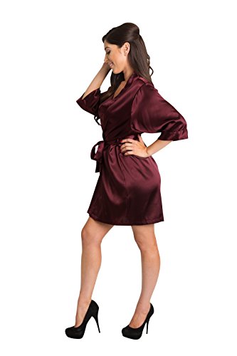 Zynotti Women's Old Gold Embroidered Bridesmaid Getting Ready Bridal Party Party Kimono Wedding Wine Burgundy Maroon Satin Robe - S/M #TOP2