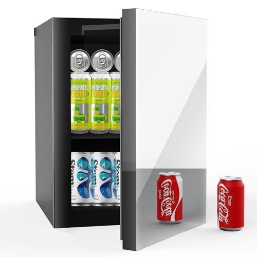 Image of Erivess 24 Cans /0.9 Cubic Feet Beverage Refrigerator Cooler and Skincare Mini Fridge with Mirrored Front Door & Temperature Control, Countertop Small Fridge for Soda, Beer and Cosmetics, Skincare