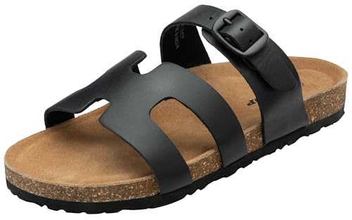 DUNLOP Womens Sandals Soft Cushioned Footbed Real Leather Cut Out Straps with Buckle Gladiator Slip-On Comfort Sliders (Black, UK Footwear Size System, Adult, Women, Numeric, Medium, 5)