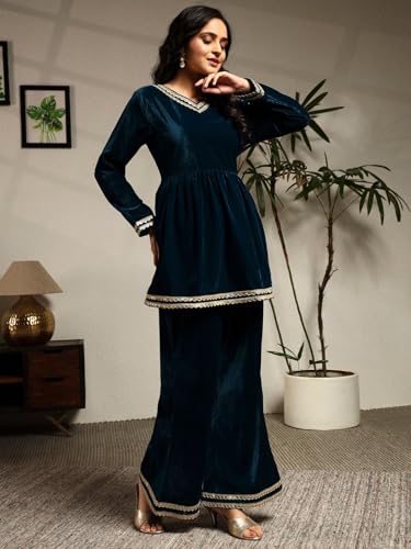 Image of Leriya Fashion Velvet Kurti Set for Woman | Short Kurti for Women | Co ord Set for Women Stylish Party Suit | Ethnic Office Everyday Wear & Casual Look | A Line Kurta Set for Woman