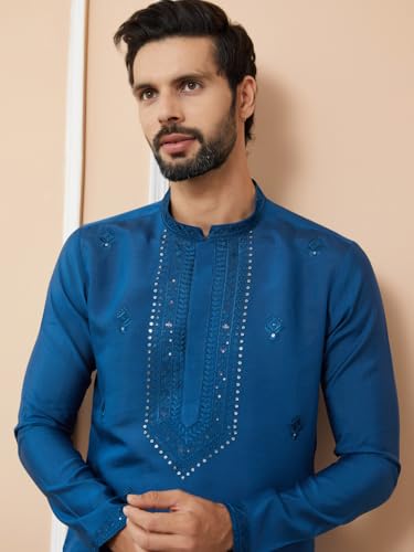 Image of See Designs Men's Long Sleeve Mandarin Collar Side Slit Off-White Embroidered Chanderi Silk Straight Kurta