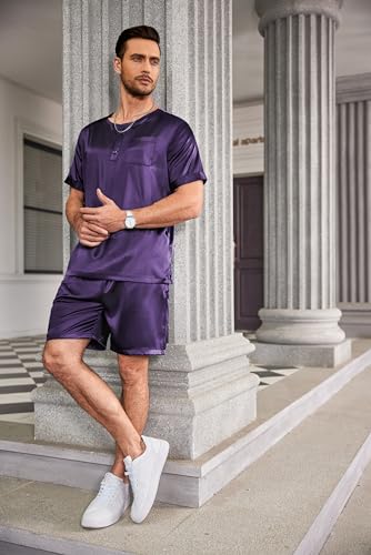 Image of Ekouaer Mens Pajamas Set Silk Satin Pjs Sets Summer Short Sleeve Button Down Sleepwear 2 Piece Loungewear with Pockets