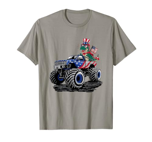 Bandiera americana del 4 luglio T-Rex Dinosaur Monster Truck Maglietta