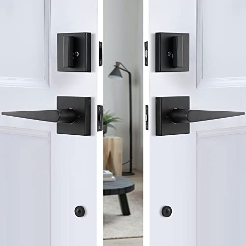 Miruo Front Door Handle Set Double Door Handle Set With Dummy Heavy Duty Double Door Lock Set, With Single Cylinder Deadbolt And Lever Handle, Compatible With Right & Left Handed Doors (Matte Black) #TOP4