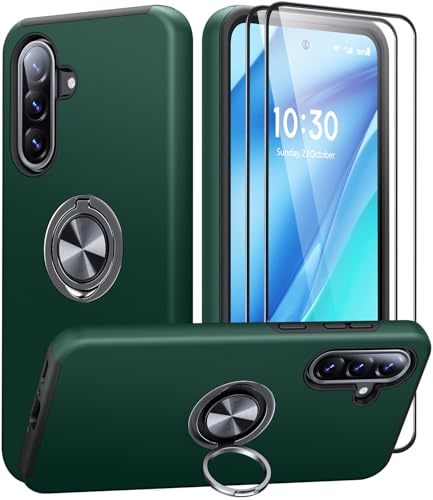 AOUIA Funda para Samsung Galaxy A56 5G con 2 piezas de cristal blindado, protección militar contra golpes Samsung A56 5G funda con anillo giratorio 360° Kickstand funda para Samsung A56 5G, verde