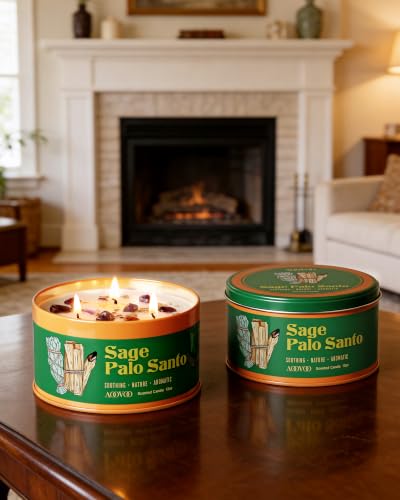 Image of AOOVOO 2 Pack Sage & Palo Santo Candles for Cleansing - 3 Wick 12oz Large Scented Candle with Amethyst Crystals, Sage & Palo Santo Inside, Non-Toxic Soy Candles for Meditation Spiritual Healing Gift